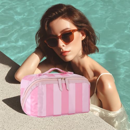DYSHAYEN Stripe Travel Makeup Bag with Compartments Clear Coated Cosmetic Bag for Women, Waterproof Portable Open Flat Toiletry bag （Pink-Hot Pink） - color: Pink-Hot Pink