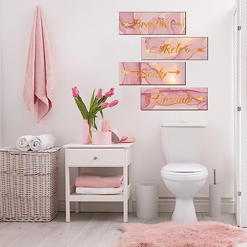 Lnond 4 Pieces Pink Gold Marble Bathroom Wall Decor, Relax Soak Unwind Breathe Signs Decor, Wood Hanging Wall Art for Bathroom Spa Room (12 x 4 Inch