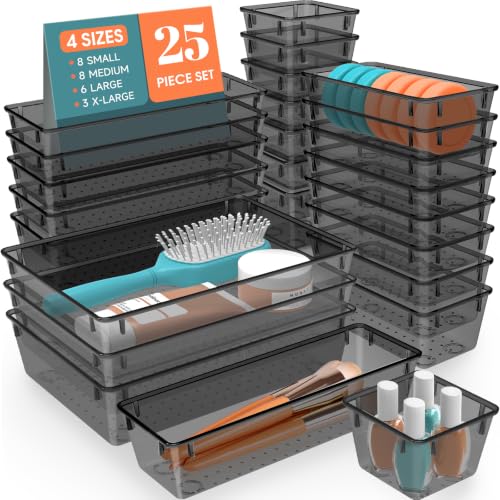 SpaceHacks 25 PCS Plastic Drawer Organizer Set, 4-Size Versatile Organizer Tool Trays & storage Bins for Makeup, Jewelry, and Gadgets in Bathroom, Bedroom and Office,Clear Black - color: Clear Black
