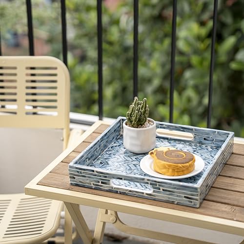 PEMAR 12.2" Square Serving Tray Mother of Pearl Nacre Wood Lap Ottoman Tray for Coffee Table, Luxury Decorative Handmade Eating Platters w Insert Handles (Midnight Blue Herringbone) - color: Midnight Blue Herringbone