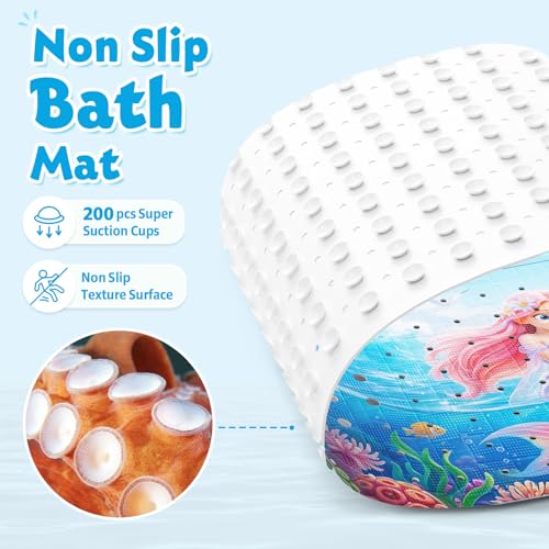 XIYUNTE Baby Bath Mat for Tub Non Slip Kids, BPA Free Extra Long Bathtub Mat 40x16 with Drain Holes and 200 Suction Cups, Non Toxic Machine Washable Toddler Bath Mat, Eco-Friendly Certified - color: Pink Mermaid