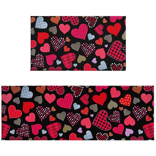 Valentine's Day Kitchen Rugs Set 2 Pcs Love Heart Washable Runner Rug Non Slip 17"x47"+17"x30", Colorful Valentines Day Comfort Kitchen Floor Mat for Anniversary Wedding Party Home Decor - color: Colorful Love Hearts