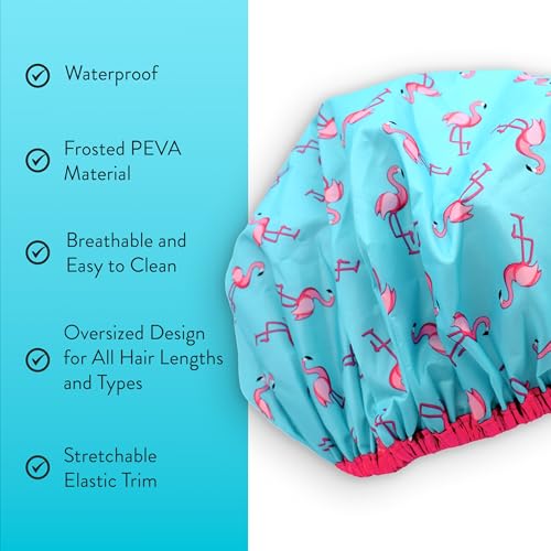 Reusable Shower & Bath Cap & Lined, Oversized Waterproof Shower Caps Large Designed for all Hair Lengths with PEVA Lining & Elastic Band Stretch Hem Hair Hat - Fashionista Flamingo Party - color: Flamingo Party
