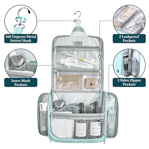 PAVILIA Large Hanging Makeup Bag and Toiletry Organizer for Women, Travel Cosmetic Case with 10 Compartments, Swivel Hook and 3 Leakproof Pockets, Packs Flat, Teal Chevron - color: Teal Chevron