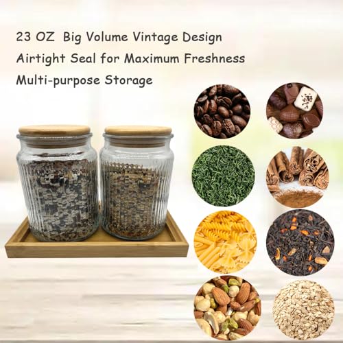 Decorative Glass Containers Canisters with Airtight Wooden Lids 2 PACK,Food Jar for Kitchen,Bathroom Bath Salts Decor Organizers Countertop Holder with Vanity Tray (Stripe Embossed, 23oz) - color: Stripe Embossed, size: 23oz