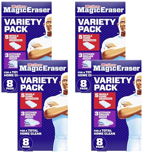 Mr. Clean Magic Eraser Sponge, All Purpose Cleaner, Cleaning Scrubber, Wall, Kitchen, Bathroom, Shower Cleaner, Melamine Sponge, Cleaning Pads, Variety Pack, 5 Extra Durable, & 3 Grease Magic Erasers - size: 8 Count (Pack of 4), style: Upgraded Version