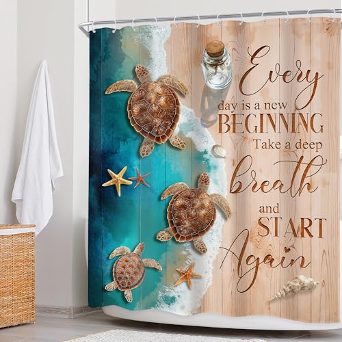 Newsely Ocean Beach Turtle Shower Curtain 60Wx72L Inch Blue and Brown Sand Beachy Sea Wave Seaside Wooden Inspirational Quotes Bathroom Set Hawaiian Waterproof Bath Decoration Accessories Home Decor - color: D-01turtle, size: 60"W x 72"L (Pack of 1)