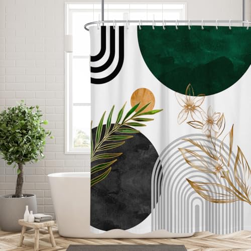 Green and Gold Shower Curtain Abstract Boho Modern Mid Century Sage Geometric Neutral Contemporary Minimalist Leaves Botanical Fabric Cloth Bathroom Decor Set 60x72 inch Polyester 12 Hooks - color: Green, size: 60"W x 72"L (Pack of 1)