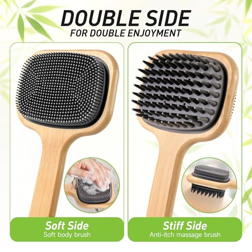NURENDER Dual-Sided Back Scrubber for Shower, 21.65'' Long Handle Back Brush, Soft Silicone for Sensitive Skin, Dry Brushing & Back Cleansing, Dry Quickly Body Bath Brush for Men, Women, Elderly - size: 21.65 Inch