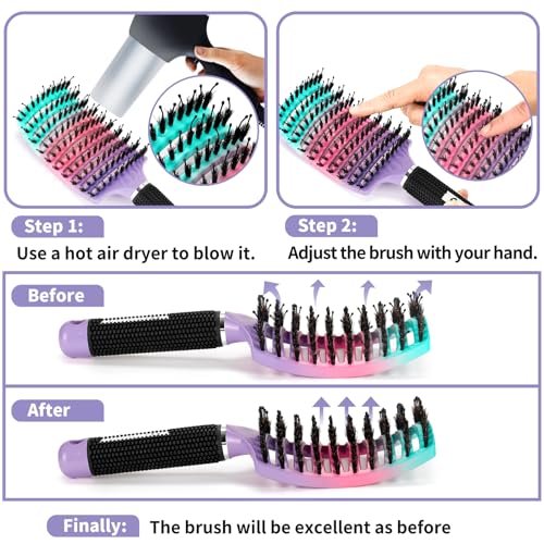 Boar Bristle Hair Brush Set of 2, HIPPIH Wet & Dry Hair Brushes Made by Fine Natural Boar Hair Can Adds Shine and Smoothing, Detangling Hairbrush for Women, Men & Kids' Long Curly Thick Hair - color: Mint Purple & Green