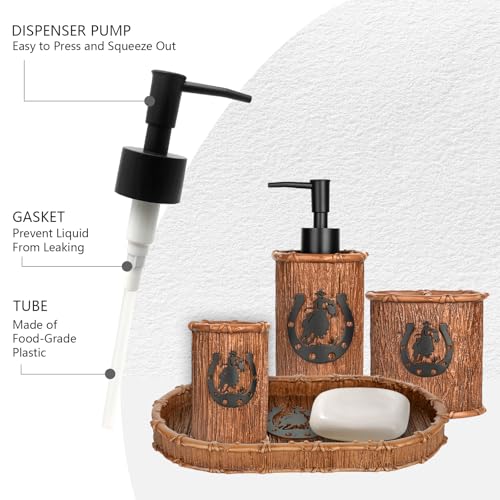 Bathroom Accessory Sets 4PCS Bathroom Accessories Set Complete Western Rustic Horseshoes Decoration Includes Lotion Dispenser Toothbrush Holder Tumbler Cup & Vanity Tray - color: Brown, size: Tray