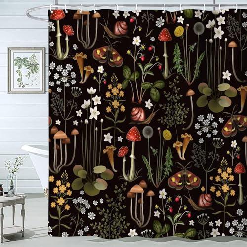 Retro Mushroom Shower Curtain for Bathroom, Fairy Forest Flowers Plants on Black Background Bath Curtains, Vintage Botanical Fabric Shower Curtain Sets with Hooks 60 x 72 - color: Red Black, size: 60"W x 72"L (Pack of 1)