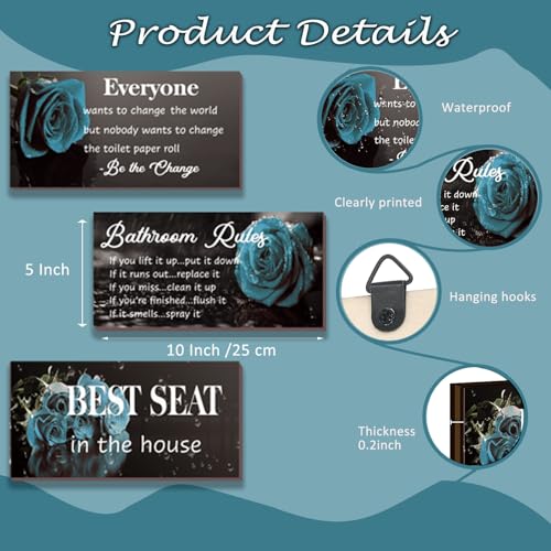 DONFENTHY 3 Pcs Blue Bathroom Rules Decor Rustic Farmhouse Wooden Best Seat in The House Rose Hanging Wall Art Bathroom Accessories for Toilet (Blue 10x5") - color: Blue 02