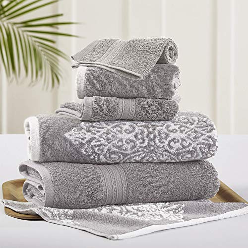 Modern Threads 6 Piece Reversible Yarn Dyed Jacquard Towel Set Artesia Damask Gray - color: Gray