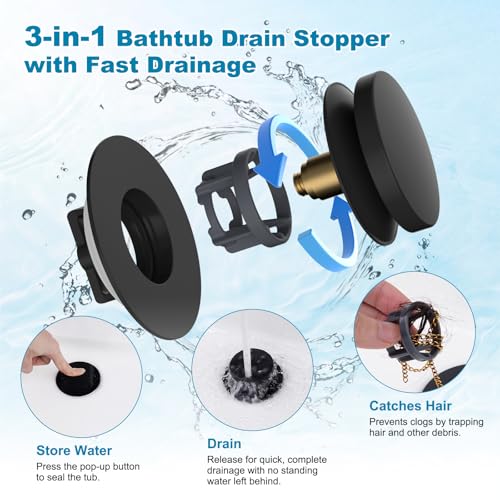 Hibbent 2 Pack 3 in 1 Metal Bathtub Drain Stopper, Universal Pop Up Tub Stopper with Removable Filter Basket, Anti-Clogging Bathtub Hair Catcher for 1.5''~2.4'' Drain, Brass Bullet Core, Matte Black - color: Matte Black Finish