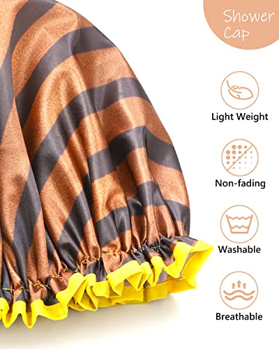 mikimini Shower Cap for Women and Men,2 Pack Double Waterproof Shower Cap for Girls and Kids, Reusable, Washable, Golden Stripes Fashionable Shower Caps Medium Pack of 2 Stripe - color: Stripe, size: Medium (Pack of 2)