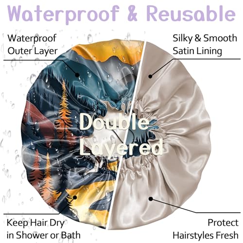 Luxury Shower Cap Silk Satin Lined Waterproof Reusable Adjustable Elastic Dry Hair Bathing Caps Cute for Women Girls-Sunset - color: C-12-Sunset