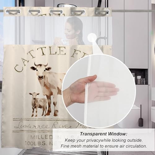 Farmhouse Abstract Animal Cattle Feed Cow Rustic Theme No Hook Waffle Weave Shower Curtain with Snap in Liner Polyester Fabric Bathroom Decor Set 72 W x 74 H Inch Ivory White Teal - size: 72"W x 74"L (Pack of 1)