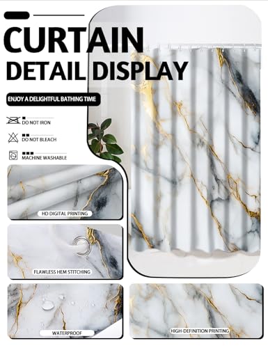 Lnond Marble Bathroom Set, 24 Piece White Gold Bathroom Decor Set with with Shower Curtain and Rugs, Trash Can, Toilet Brush Holder Set & Soap Dispenser