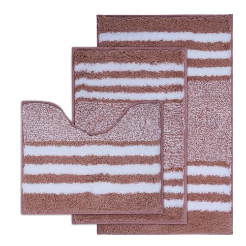 3 Piece Soft & Absorbent Microfiber Striped Bathroom Rug Set - U-Shaped Toilet Rug, Non-Slip Rubber Bottom, Quick Dry, Pink - color: Pink