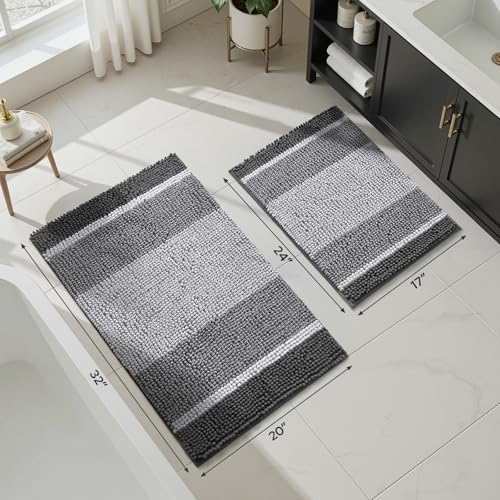HOMEIDEAS Grey Bathroom Rugs Set of 2, Thick Absorbent Chenille Bath Mats, Non-Slip Soft Shaggy Rugs for Bathroom Floor, 20" x 32" & 17" x 24" - color: Grey