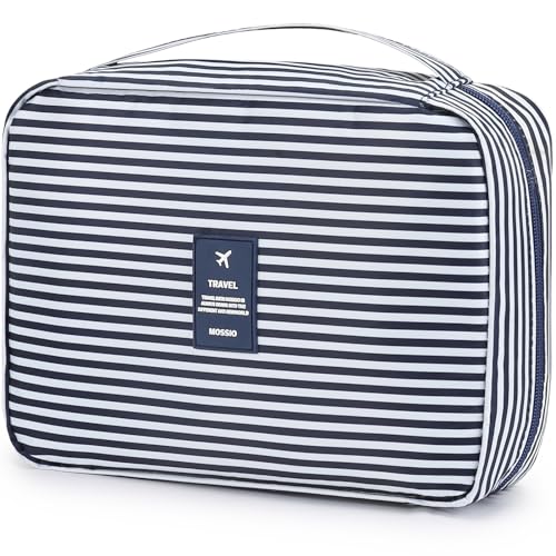 Mossio Hanging Toiletry Bag with Sturdy Hook - Large Portable Cosmetic Makeup Travel Organizer for Men & Women - color: Blue Stripe
