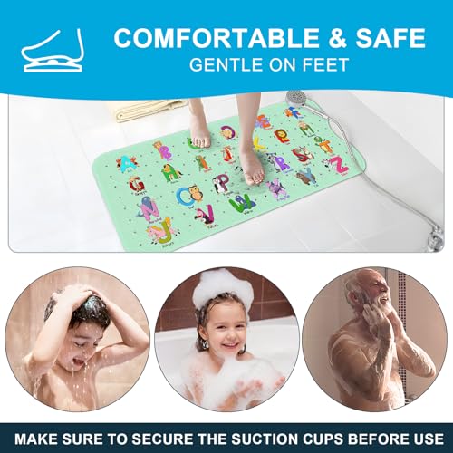 XIYUNTE Baby Bath Mat for Tub Non Slip Kids Bath Mat - 40''x16'' Extra Long Cartoon Bathtub Mat Non Slip Kids Shower Mat Eco-Friendly Toddler Bath Mats with Suction Cups, Machine Washable - color: I-green Alphabet