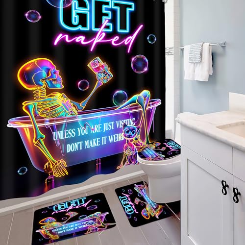 4 PCS Funny Skeleton Skull 72Wx72H Shower Curtain Set Halloween Bathroom Set Neon Goth Spooky Cool Unique Bath Rug Toilet Lid Cover U Shape Mat Accessories Bathroom Decor with 12 Hooks - color: A 01skeleton, size: 72"W x 72"L (Pack of 4)