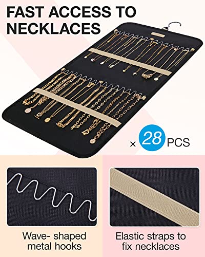 BAGSMART Hanging Jewelry Organizer Storage Roll with Hanger Metal Hooks Double-Sided Jewelry Holder for Earrings, Necklaces, Rings on Closet, Wall, Door, 1 piece, Medium, Black - color: Black, size: Medium