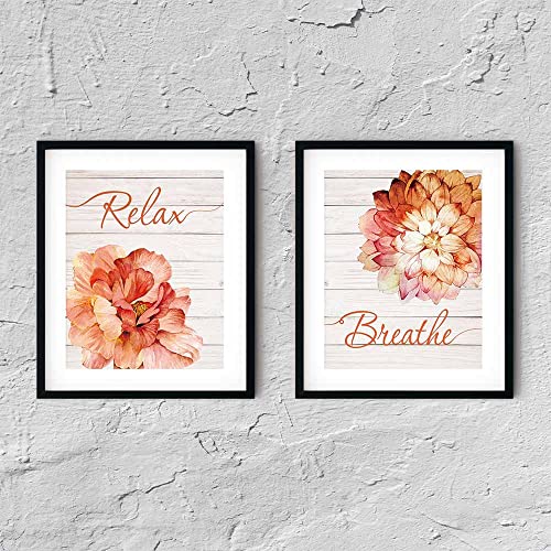 IIILUYOT Relax Soak Unwind Breathe Orange Flowers Bathroom Wall Art Decor, Boho Vintage Bathroom Poster Gifts for Women, Flower Wall Decor Set of 4(8X10in) for Home Bedroom Washroom,Unframed