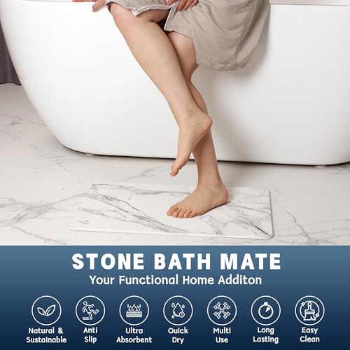 2 Pack Stone Bath Mat - Diatomaceous Earth Bath Mat Fast-Drying Stone Drying Mat Super Absorbent Diatomite Mats for Bathroom, Dish Drying, Bathtub (White Marble & Heart) - color: White Marble+heart-24*16