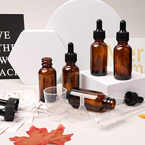 24 Pack 1oz Amber Glass Bottles with Glass Eye Droppers for Essential Oils, Perfumes & Lab Chemicals (Brush, Funnels, 2 Extra Droppers, 36 Pieces Labels & 30ml Measuring Cup Included) - color: Amber
