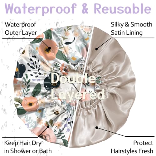 Luxury Shower Cap Silk Satin Lined Waterproof Reusable Adjustable Elastic Dry Hair Bathing Caps Cute for Women Girls-Flower - color: C-1-Flower