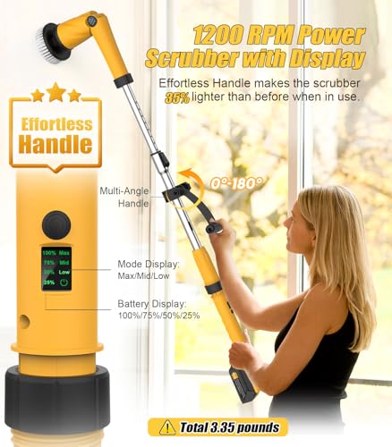 Qimedo Electric Spin Scrubber Extra Large Brush Q3,6000 mAh Best Battery Power Scrubber for Cleaning,1200RPM Shower Cordless Cleaning Brush with 8 Brushes for Bath/Tub/Tile/Floor (Smart Display) - color: Yellow, size: Scrubber with 50-inch Handle