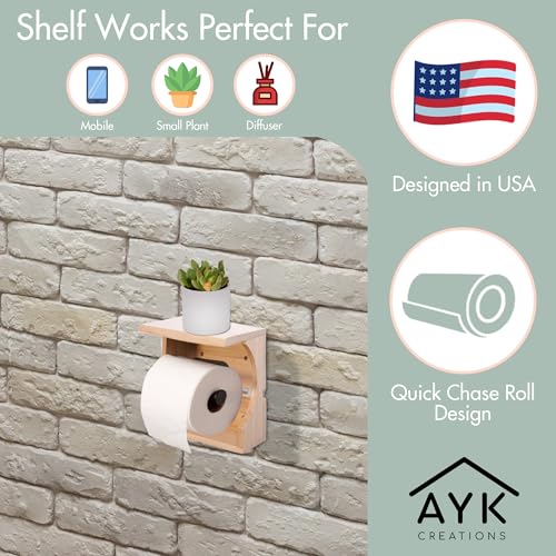 Toilet Paper Holder with Shelf - Easy to Install Wall Mounted Wood Toilet Paper Holder - Mounts to Most Surfaces - Fits All Toilet Paper Types from Regular to Mega Sizes (Natural)