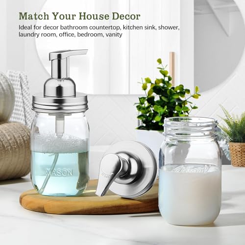 Amolliar Plastic Mason Jar Foaming Soap Dispenser with Pump Lid,16OZ Refillable Hand Soap Dispenser Set with Cute Lables - Farmhouse Decor for Kitchen/Bathroom, Lotion Dish Soap (2 Pack, Silver) - color: Clear Jar With Silver Pump, size: 2 Pack