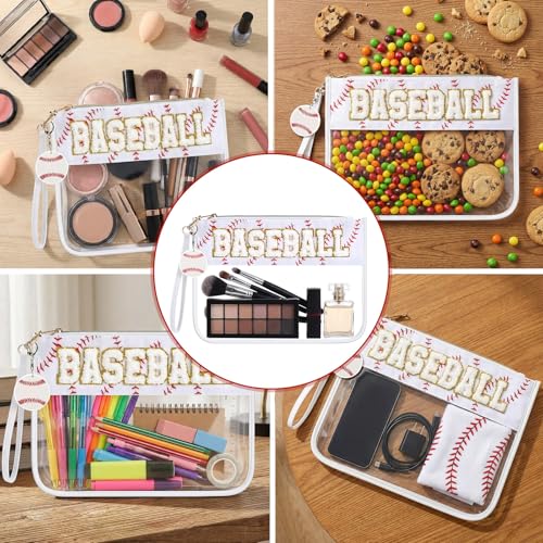 Kacctyen Baseball Gift Makeup Bag with Chenille Letter Patch Clear Cosmetic Pouch Waterproof PVC Organizer Purse Baseball Stuff Gifts Toiletry Storage Bag for Girls Women Mom Her Friends White - color: White, style: Baseball