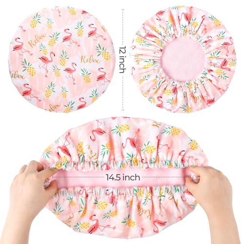 Shower Cap for Women Terry Lined Bath Cap Large Reusable Waterproof Elastic Band Pink Flamingo Shower Caps for Long Thick Hair Soft Bath Shower Hair Caps - color: Pink Flamingo