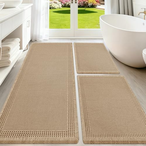 Upgraded Waffle Bath Mat Set 3 Piece Beige-Bordered, Super Absorbent Non-Slip Quick Dry Bathroom Rugs with Tassels, Machine Washable Ultra Soft Boho Bath Rugs for Floor, Bath Mats Boho Farmhouse Decor - color: Beige, size: 48"x24"+36"x24"+24"x17"