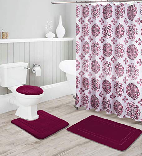 Bathroom Collection Burgundy 16pc Bathroom Accessory Set - Non-Slip Bath Mat, Non-Slip Contour Mat, Toilet Lid Cover and Waterproof Shower Curtain with Rustproof Metal Roller Hooks - color: Burgundy