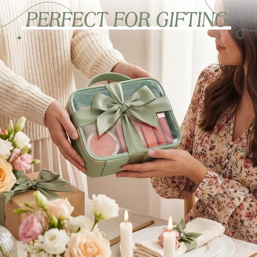 Abbylike 6 Pcs Clear Makeup Bags Bulk 7.9 x 5.9 x 2.4 Inches Quart Size Approved PU Leather Toiletry Bag with Handles Small PVC Clear Travel Cosmetic Case for Women Wedding Bridal Gifts(Green) - color: Green