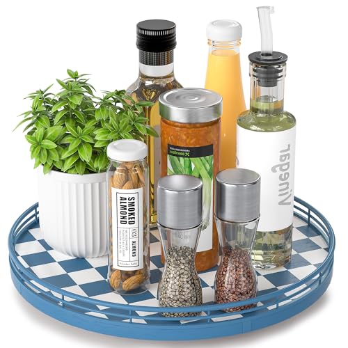 Premium Rubber Wood Lazy Susan Turntable, Blue White Checkerboard Decorative Serving Tray, Hand-Welded Metal Railing, Stable Rotating Organizer for Dining Table, Kitchen Counter, Coffee Table Decor - color: Blue & White, size: 12 inches