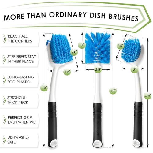 MOSOLAN Dish Brush Set of 3 with Water Bottle Brush, Dish Scrub Brush and Scrubber Brush, Long Handle Kitchen Scrub Brushes for Dishes, Bottles, Cups, Pots, Pans and Sinks, Flat Head - style: Flat Head