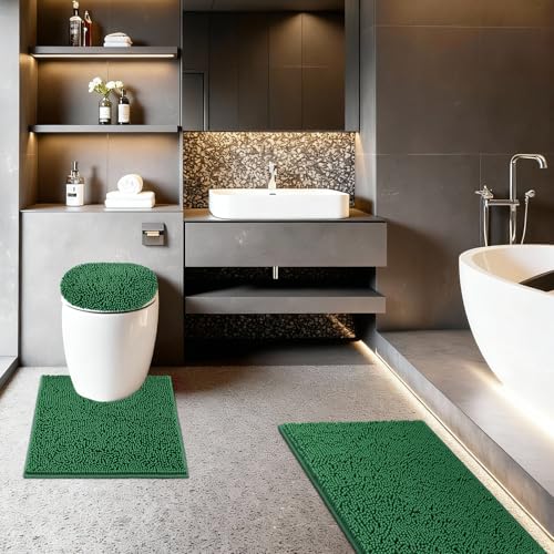 Bathroom Rugs Sets 3 Piece with Adjustable Toilet Seat Cover 19.5"x 18.5" Machine Washable Bath Rug Set with TPR Non Slip Rubber Backing Solid Bath Mat Set for Luxury Bathroom Decoration - color: Green