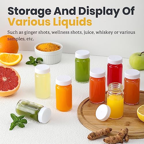 9 Pack 2 oz Glass Shot Bottles w/ White Lids & 9 Labels - Small Clear Jar for Ginger, Wellness Shot, Juice, Sample, Whiskey - Travel Essentials Mini Bottles - Wide Mouth, Leakproof, Dishwasher Safe - color: White Lids, size: 2oz-9 pack