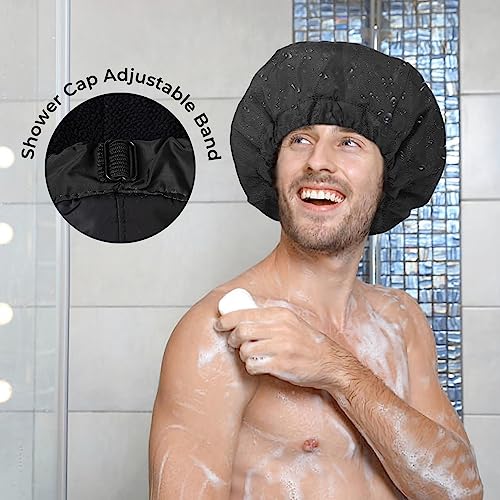 Shower Cap for Men Black Bath Cap, Reversible Terry Lined Large Waterproof Adjustable Shower Caps Elastic Band Stretch Hem Hair Hat for braids - color: BLACK