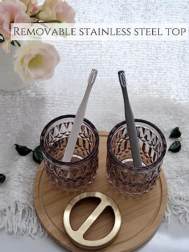 LaMarriti Gray Bathroom Accessories Set, 5Pcs Glass Bathroom Set, Soap Dispenser and Toothbrush Holder Set, Soap Dish, Q-Tips Holder Set, Black and Gold Accent for Vintage Bathroom Decor - style: Grey black