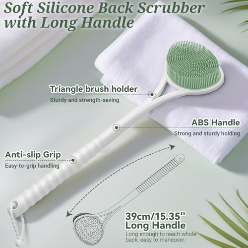 Silicone Back Body Face Scrubbers Set 4PCS, 15.35’’ Back Scrubber Soft Body Scrubber for Dual-Side Usage, Easy-to-Hold Soft Bath Glove & Face Scrubber for Good Foaming Deep Cleaning(Green) - color: Green*4