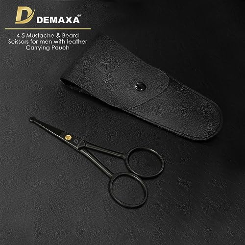 DEMAXA 4.5" Round Tip Safety Mustache Scissors Beard Scissors with 1 Mustache Comb, 1 Beard Comb & Soft Pouch – Best Facial Hair Shears for Beard Mustache Trimming Nose & Ear Hair - color: 4.5" Round Tip Black