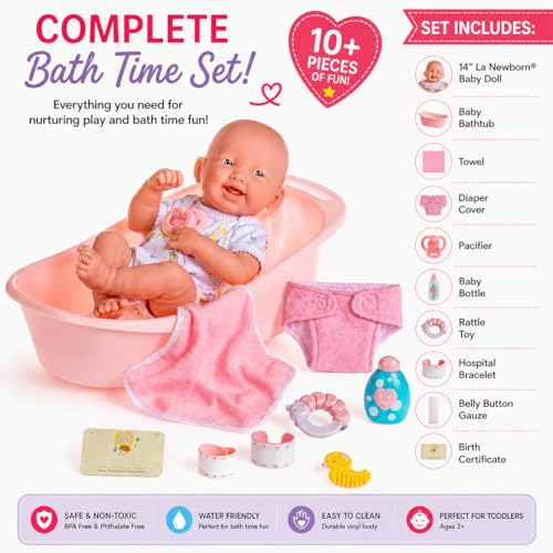 8 piece Layette Deluxe Bathtub Gift Set | JC Toys - La Newborn | 14" Life-Like Smiling Vinyl Newborn Doll w/ Accessories | Pink | Waterproof |Ages 2+ - color: Bath Pink